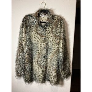 Selene Sport Shaggy Knit Button-Front Jacket in Olive, Brown & Cream